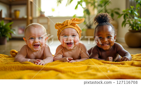 Three babies laying on a yellow blanket smiling at the camera 127116708