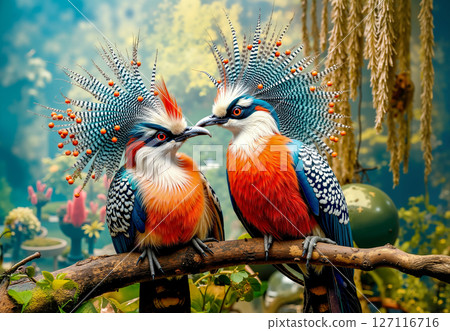 A couple of birds sitting on top of a tree branch 127116716