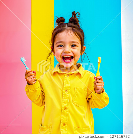 A little girl holding two toothbrushes in her hands 127116722
