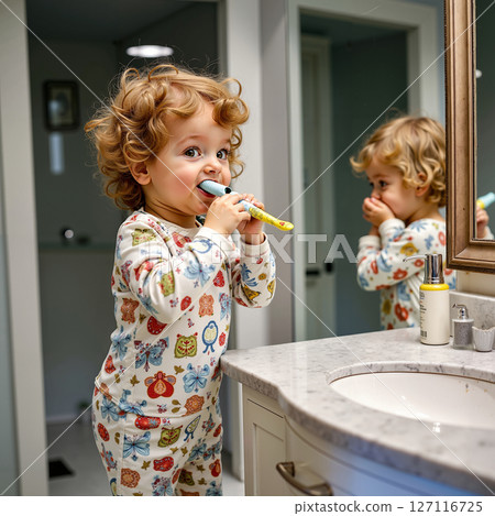 A little girl brushing her teeth in front of a mirror 127116725
