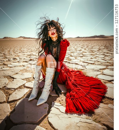 A woman in a red dress sitting on the ground in the desert 127116753