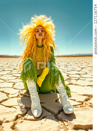 A woman with long blonde hair sitting on the ground in the desert 127116754