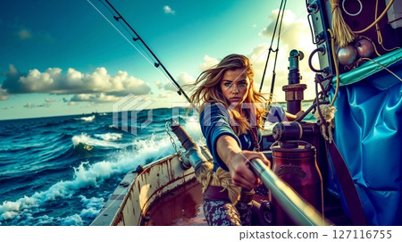 A woman on a boat in the ocean with a fishing rod 127116755