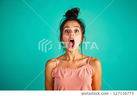 A woman with her mouth open and tongue out A woman with her mouth open and tongue out 127116773