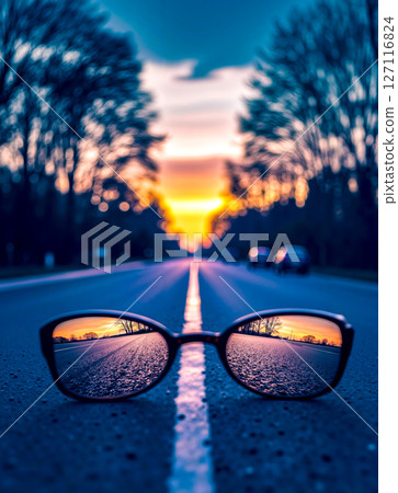 A pair of sunglasses sitting on the side of a road at sunset 127116824