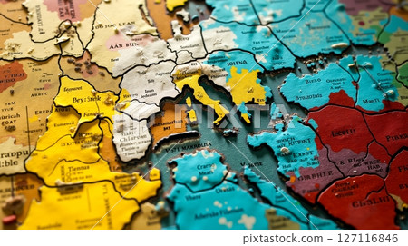 A close up of a map of Europe with a lot of different colored countries 127116846