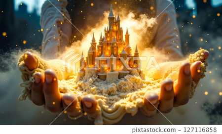 A person holding a sand castle in their hands 127116858
