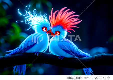 A couple of birds sitting on top of a tree branch 127116872
