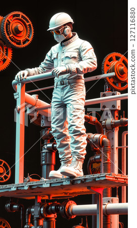 A man in a white suit and helmet standing on top of a metal structure A man in a white suit and helmet standing on top of a metal structure 127116880