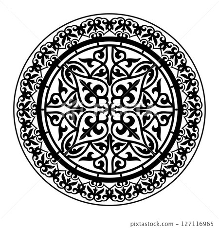 Round ornament in the form medallion. Vector ornament in Kazakh style isolated on a white background. Round decorative Element of the national pattern of the ancient nomads for decoration of clothes 127116965