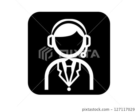 A simple square monochrome outline illustration icon of a call center staff member handling phone calls 127117029