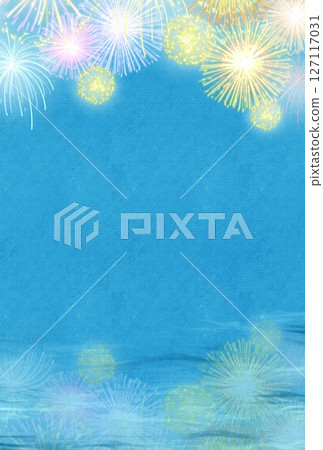 A beautiful and cool vertical background illustration of fireworks being launched and fireworks being reflected on the water surface 127117031