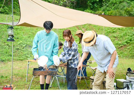 Camping image 3 generations camping outdoor barbecue BBQ family auto campsite 127117057