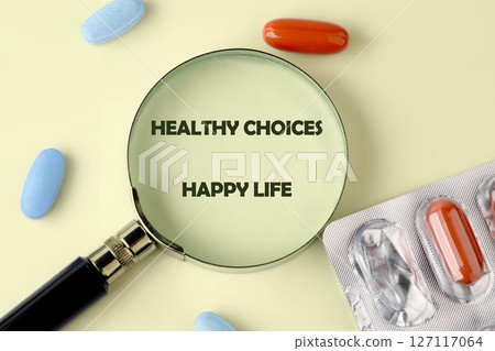 The concept phrase HEALTHY CHOICES HAPPY LIFE. Conversation, domestic, lifestyle, happiness, interaction concept The concept phrase HEALTHY CHOICES HAPPY LIFE. Conversation, domestic, lifestyle, happiness, interaction concept 127117064