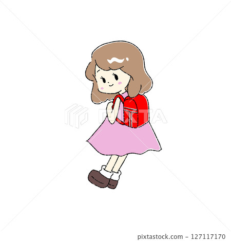 Girl carrying a red school bag 127117170