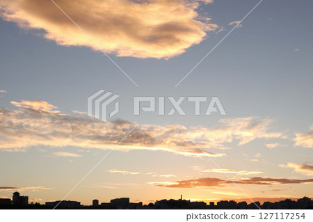 The silhouette of the city against the sunset. 127117254