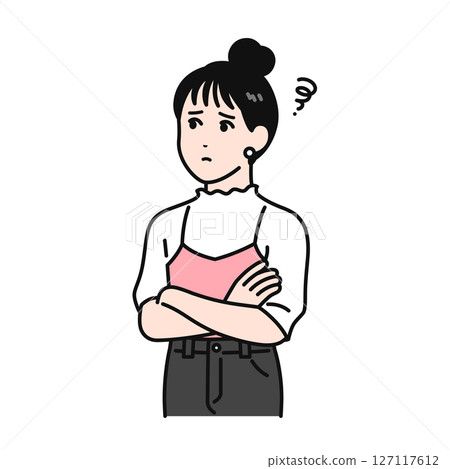 一位梳著髮髻、雙臂交叉、憂心忡忡的年輕女子的插畫素材 127117612