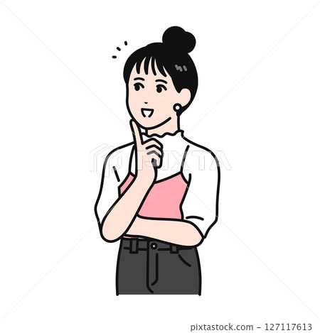 插畫素材：一位梳著髮髻的年輕女子因問題解決而感到高興 127117613