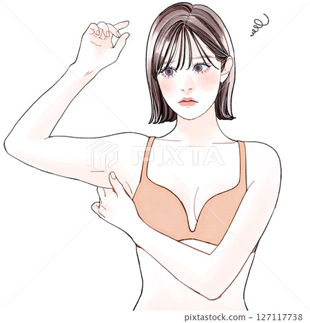 一名婦女捏她的上臂 一名婦女捏她的上臂 127117738