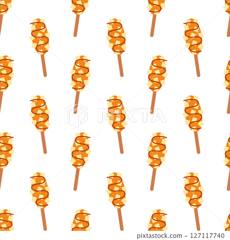 Korean food Seamless Pattern. Tteok kkochi Background. Asian cuisine. Vector flat illustration. Korean food Seamless Pattern. Tteok kkochi Background. Asian cuisine. Vector flat illustration. 127117740