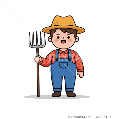 Little kid wearing farmer costume and holding pitchfork on white background Little kid wearing farmer costume and holding pitchfork on white background 127118197