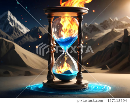 Surreal artistic representation of an hourglass with elements of fire and water, symbolizing duality and balance. 127118394