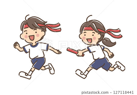 Boy and girl about to pass the baton in a relay race Boy and girl about to pass the baton in a relay race 127118441