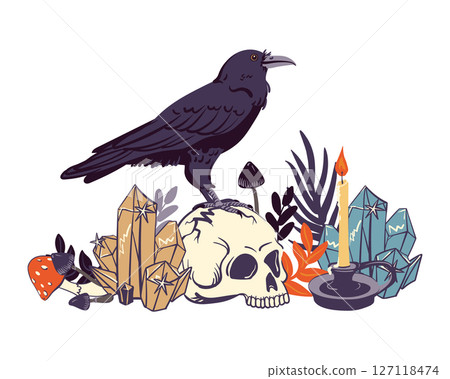 Black raven standing on a human skull. Vector illustration for Halloween. Witch's familiar, magical totem animal, guide to the afterlife. Symbol of death, witchcraft, mysticism and alchemy. Magic item 127118474