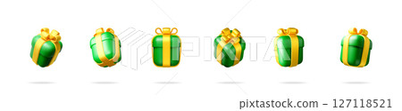 Set of green 3d gift box with golden ribbon bow Set of green 3d gift box with golden ribbon bow 127118521