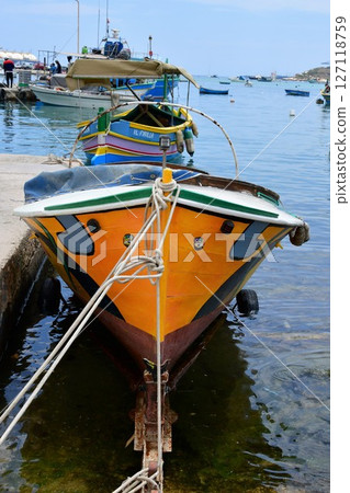 Republic of Malta, Malta, Marsaxlokk, colorful fishing boat Lutz, boat painted with the Eye of Osiris Republic of Malta, Malta, Marsaxlokk, colorful fishing boat Lutz, boat painted with the Eye of Osiris 127118759