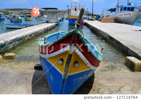 Republic of Malta, Malta, Marsaxlokk, colorful fishing boat Lutz, boat painted with the Eye of Osiris 127118764