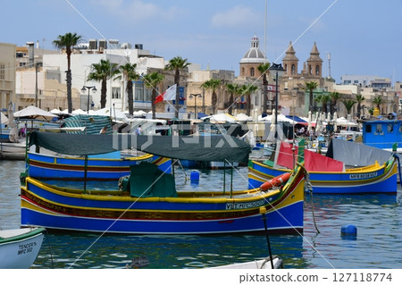 Republic of Malta, Malta island, Marsaxlokk, colorful fishing boat Lutz, Church of Our Lady of Pompei Republic of Malta, Malta island, Marsaxlokk, colorful fishing boat Lutz, Church of Our Lady of Pompei 127118774