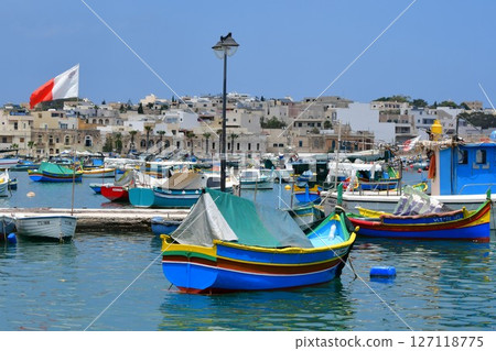 Republic of Malta, Malta Island, Marsaxlokk, colorful fishing boat Lutz 127118775