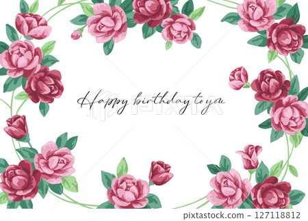 帶有水彩畫的粉紅玫瑰花環的生日卡 127118812