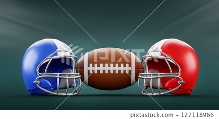 Super Bowl Sunday background. American football ball with blue and red helmet on soccer pitch with spotlight beams. Superbowl banner with sports equipment teams for championship game. 3D illustration Super Bowl Sunday background. American football ball with blue and red helmet on soccer pitch with spotlight beams. Superbowl banner with sports equipment teams for championship game. 3D illustration 127118966