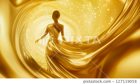 Back view of an elegant woman wrapped in gold drapes 127119058