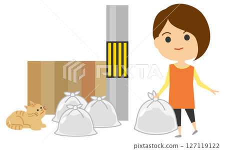 Illustration of a woman throwing garbage into a garbage dump 127119122