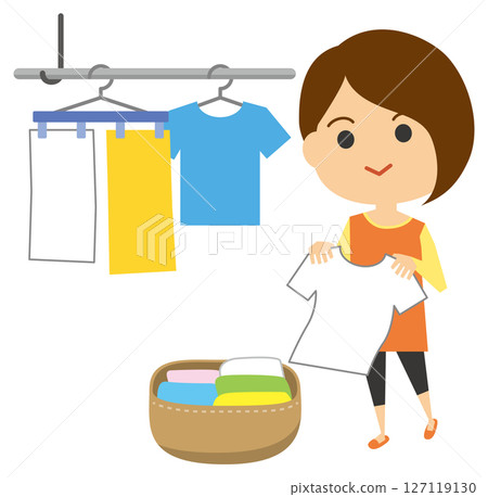 Illustration of a woman hanging out the laundry Illustration of a woman hanging out the laundry 127119130