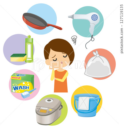 忙碌而煩惱的家庭主婦的插圖 127119135