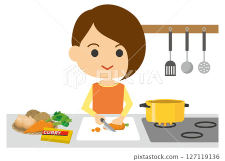 一位微笑的女人做飯的插圖 127119136