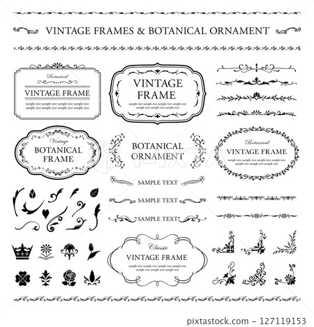 Set of black vintage frames and botanical ornaments Set of black vintage frames and botanical ornaments 127119153