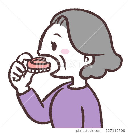 一位老年婦女戴假牙的插圖 一位老年婦女戴假牙的插圖 127119308
