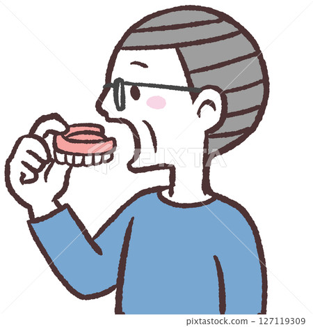 Sideways illustration of a senior man wearing glasses putting on dentures Sideways illustration of a senior man wearing glasses putting on dentures 127119309