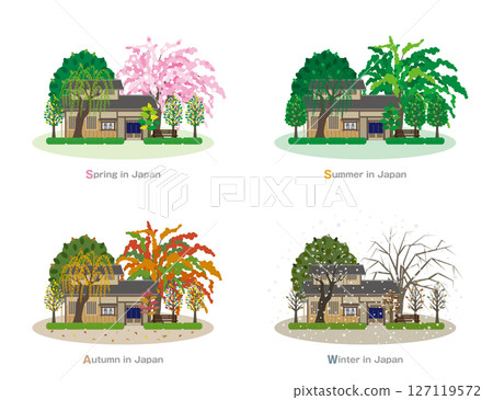 日本城市景觀的插圖。日本的四季。 127119572