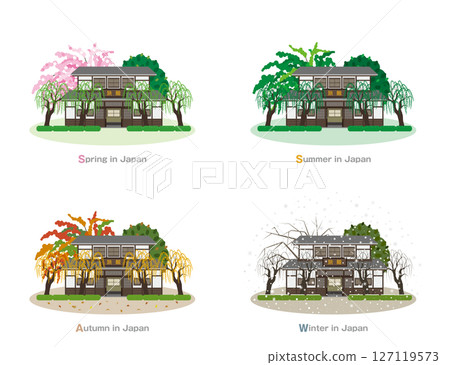 日本城市景觀的插圖。日本的四季。 127119573