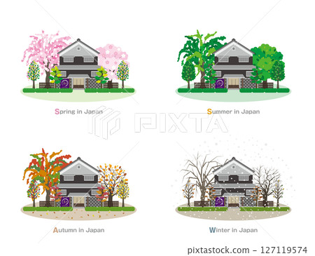 Illustration of Japanese townscape. Four seasons in Japan. 127119574