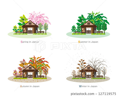 Illustration of Japanese townscape. Four seasons in Japan. 127119575