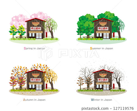 日本城市景觀的插圖。日本的四季。 日本城市景觀的插圖。日本的四季。 127119576