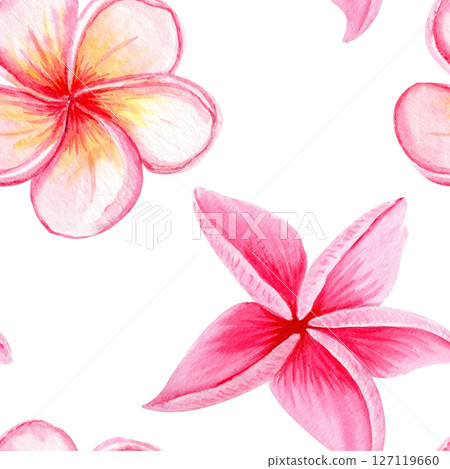 Pink plumeria flowers seamless pattern on white. Hand painted watercolor. Ideal for spa branding, tropical packaging, summer wedding decor, textile design, greeting cards, botanical illustrations Pink plumeria flowers seamless pattern on white. Hand painted watercolor. Ideal for spa branding, tropical packaging, summer wedding decor, textile design, greeting cards, botanical illustrations 127119660
