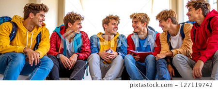 A group of young men sitting on a bench in a room A group of young men sitting on a bench in a room 127119742